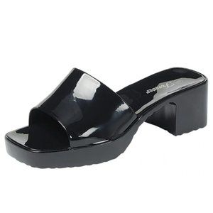 New Black Platform Jelly Rubber Chunky Block Heel Slip On Sandals